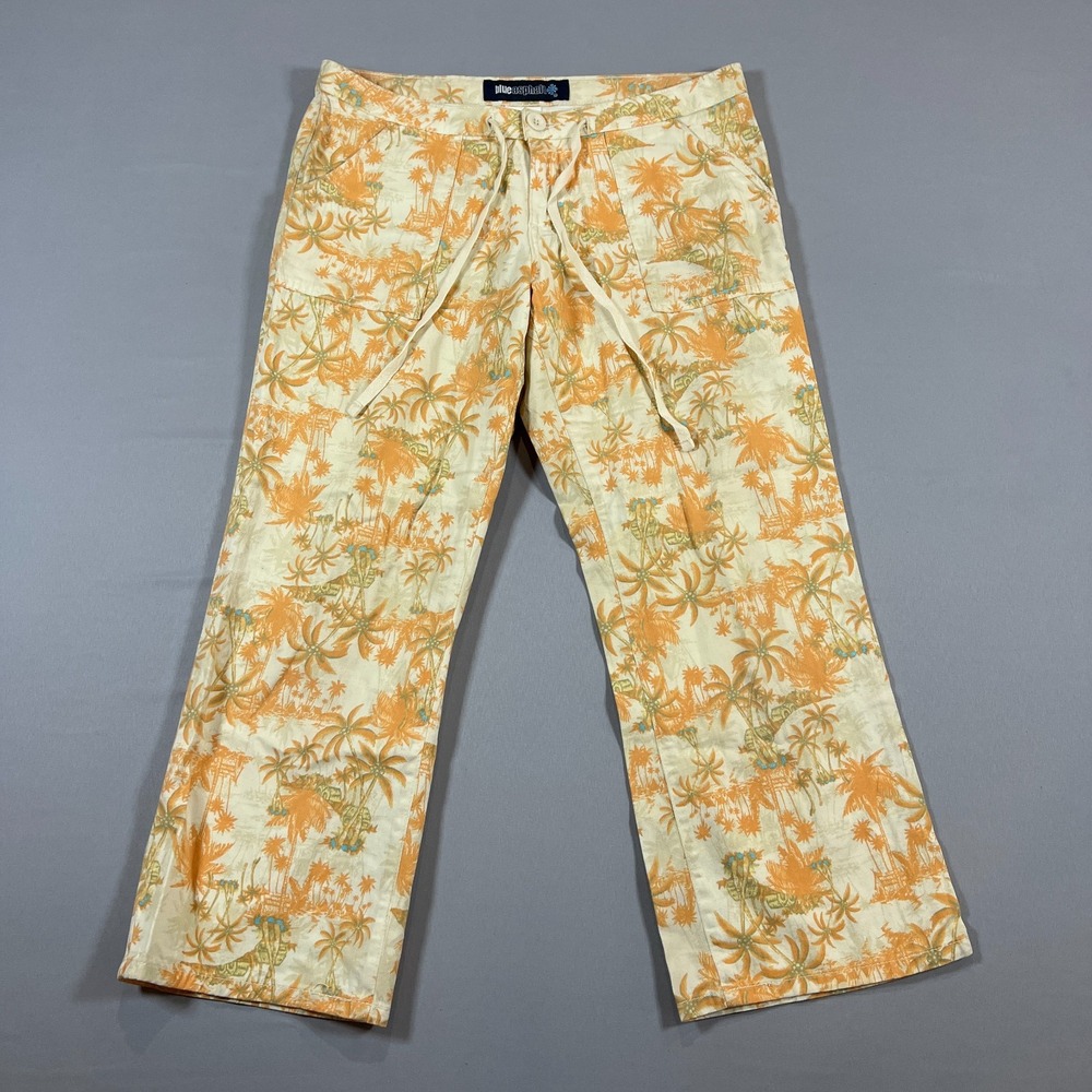 Blue Asphalt Crop Pants Womens 7 Multicolor Cotton Palm Tree Drawstring Wide Leg